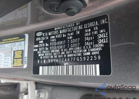 2015 Kia Sorento Lx из США, поврежденный, VIN 5XYKTCA67FG592259